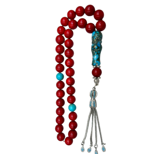 سبحة المرجان الطبيعي 33 خرزة المطعم بالفيروز الطبي...