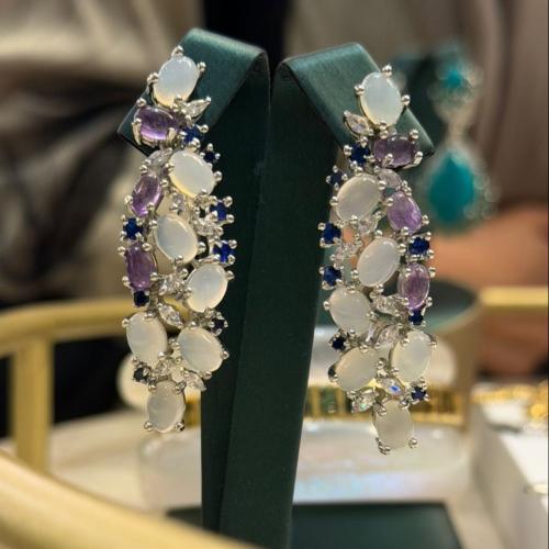 Luxury ear earrings handmade and plated with rhodium and decorated with zircon and natural stone