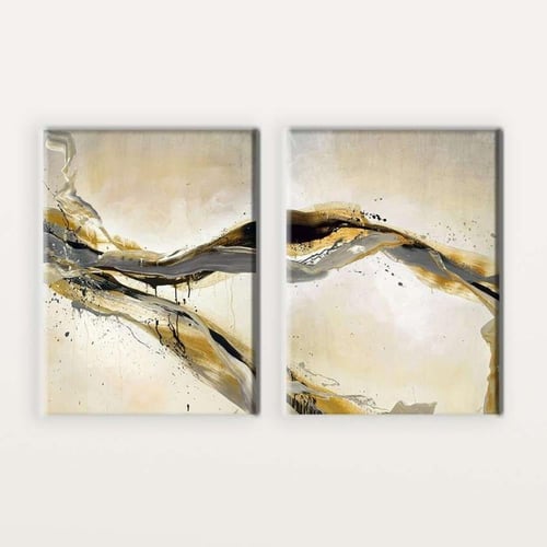 طقم لوحتين تجريدي بخطوط ذهبية وانسيابية فاخرة