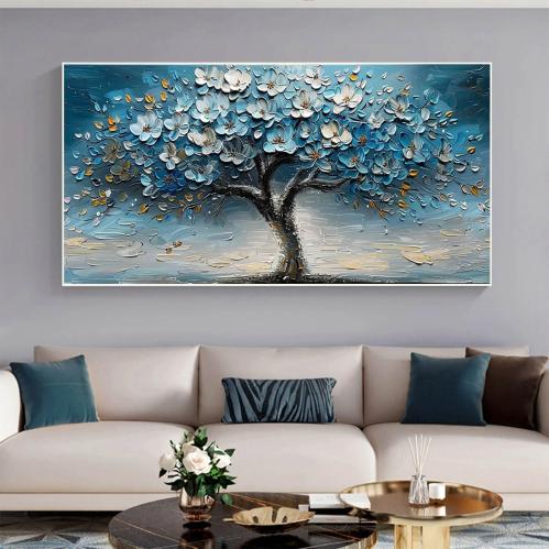 لوحة كانفس شجرة ورود بيضاء على خلفية زرقاء وذهبية...