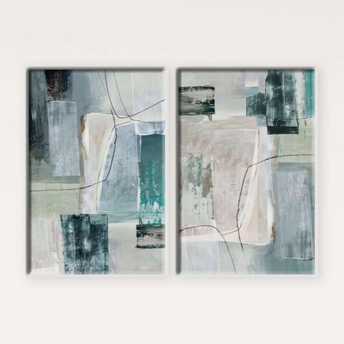 طقم لوحتين كانفس تجريدية بألوان فيروزي وبيج