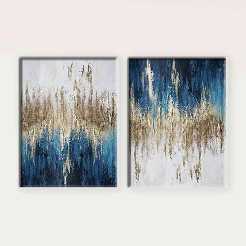 طقم لوحتين كانفس تجريدي بتدرجات الأزرق والذهبي الف...