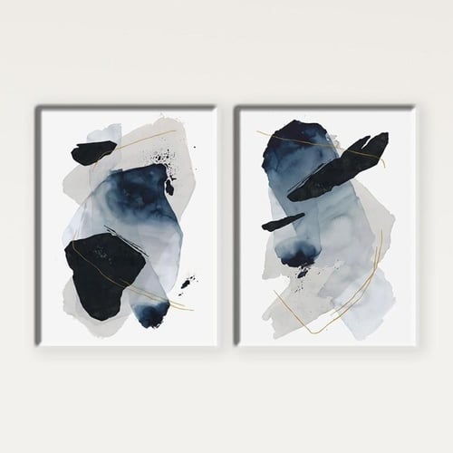 طقم لوحتين تجريدية بألوان كحلي وأسود مع خطوط ذهبية...