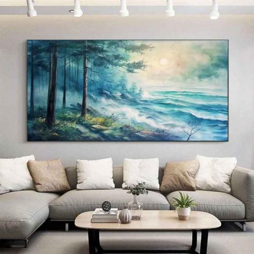 لوحة كانفس منظر طبيعي لغابة مطلة على البحر