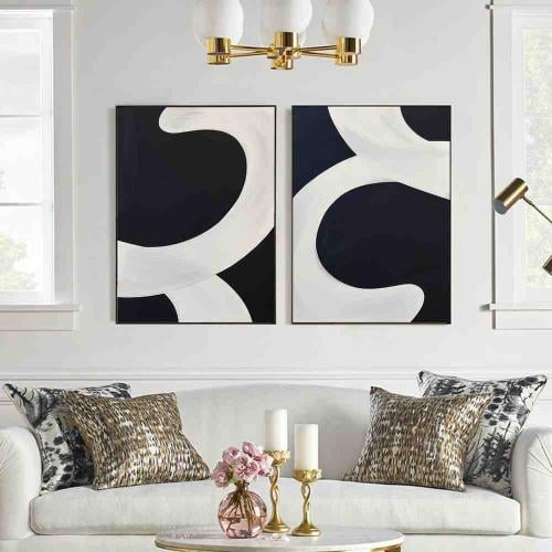 طقم لوحتين تجريدية بتصميم منحني أبيض وأسود - كانفس...