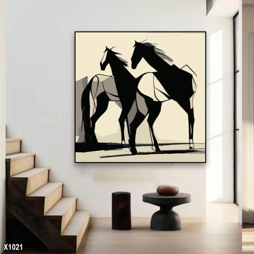 لوحة كانفس ظلال خيول عربية بتصميم أبيض وأسود مربع