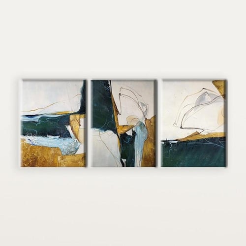 طقم ثلاثي كانفس تجريدي بألوان زيتونية وذهبية