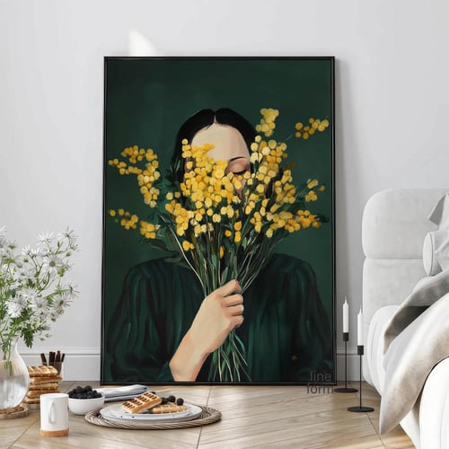 لوحة المرأة وباقة الزهور الصفراء