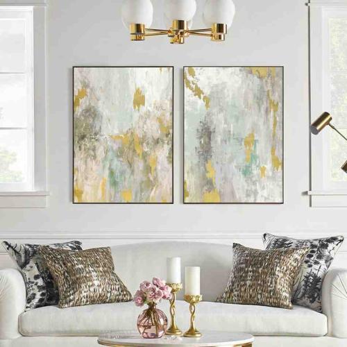 طقم لوحتين كانفس تجريدي بلمسات ذهبية وألوان فاتحة...