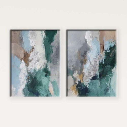 طقم لوحتين كانفس تجريدية بدرجات الأخضر والألوان ال...