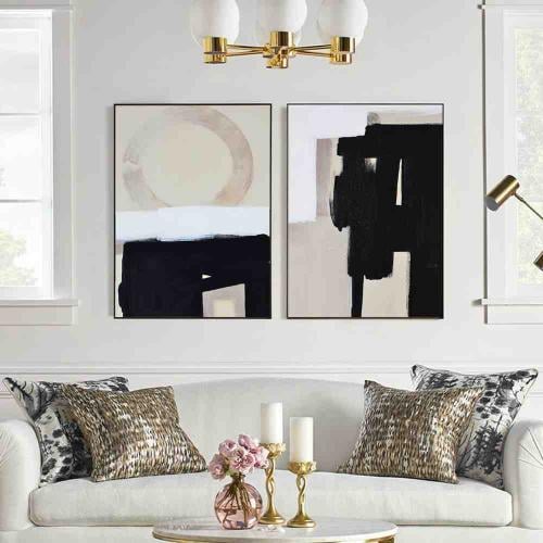 طقم لوحتين كانفس تجريدية بالألوان الحيادية والأسود...