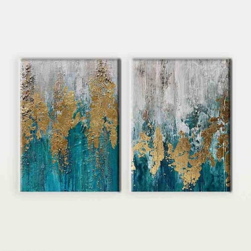 لوحتين تجريدية بلمسات ذهبية وتركيواز - طقم مودرن ف...