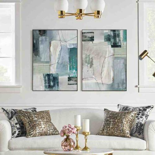 طقم لوحتين كانفس تجريدية بألوان فيروزي وبيج