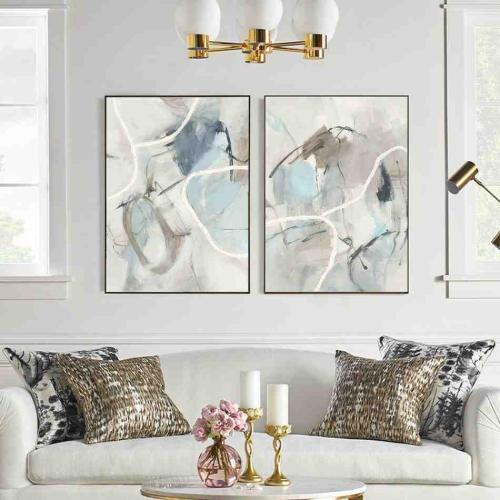 طقم لوحتين تجريدية هادئة بدرجات البيج والأزرق