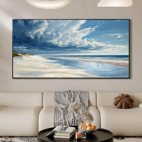 لوحة كانفس شاطئ واسع تحت سماء زرقاء – منظر طبيعي ه...