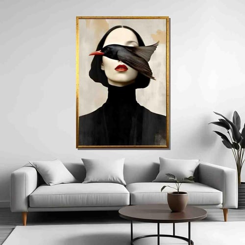 لوحة امرأة وطيـر بأسلوب سريالي أنيق