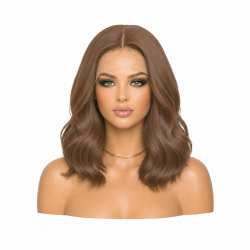 Full head root wig, caramel light brown, wavy