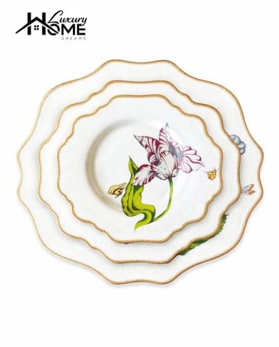 Elegant floral and butterfly pattern porcelain dinner set with gold accents - 3 pieces