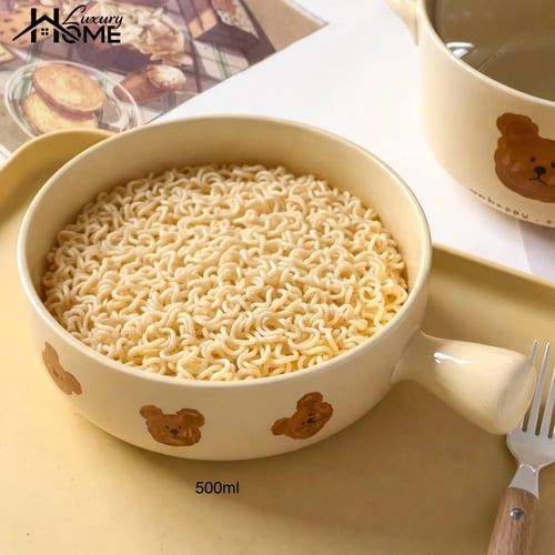 Earthenware bowl with bear design and handle