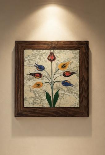 لوحة جدارية حجر فاخرة اطار خشبي (باقة الازهار ) مقاس 30*30