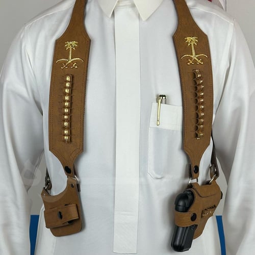 محزم مسدس نص بشعار سيفين ونخلة لون بني