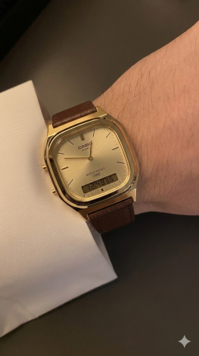 ساعة كاسيو – مطلي بالذهبي مع السير الجلد البني