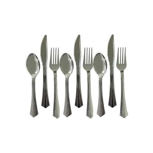 Disposable Premium Quality Plastic Mixed Cutlery Silver Chrome 18 Forks 18 Knives 18 Spoons Set Durable Tableware for Indoor/Outdo...