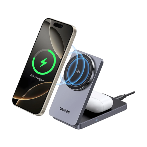 يوجرين - شاحن لاسلكي 2 في 1 بمنصتين شحن وقابل للطي...