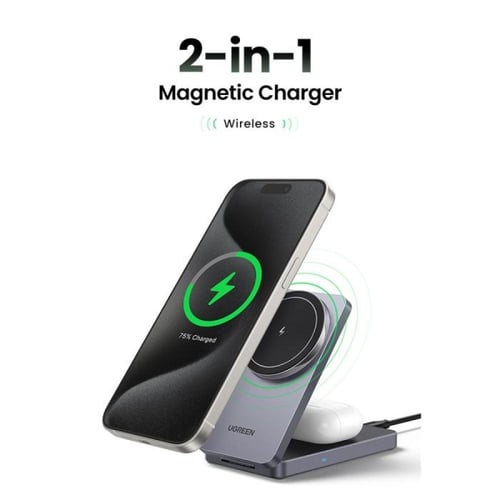 يوجرين - شاحن لاسلكي 2 في 1 بمنصتين شحن وقابل للطي...