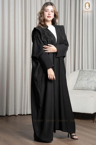 عباية مشلح سوداء مطرزة شك يدوي فاخر - لتين