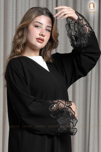 عباية كريب ملكي باكمام ورود - لتين