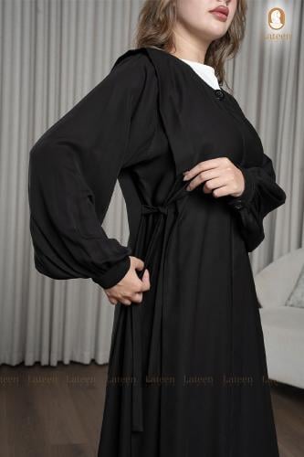 عباية سادة سوداء مميزة بربطة على الجوانب - لتين