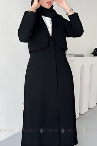 عباية جاكيت بليزر اسود بجيوب - لتين