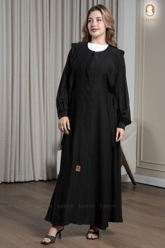 عباية سادة سوداء مميزة بربطة على الجوانب - لتين