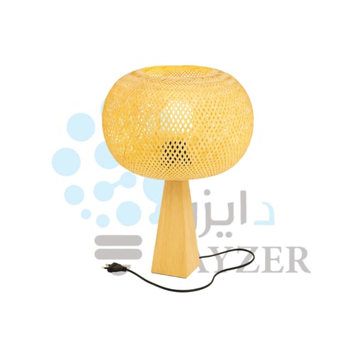 أباجورة طاولة خيزران أصفر بقاعدة خشبية