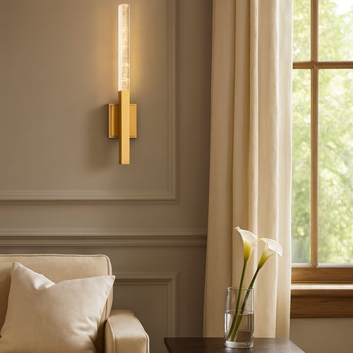 جداري LED ذهبي خطي بكريستال شفاف – تصميم فاخر نحيف