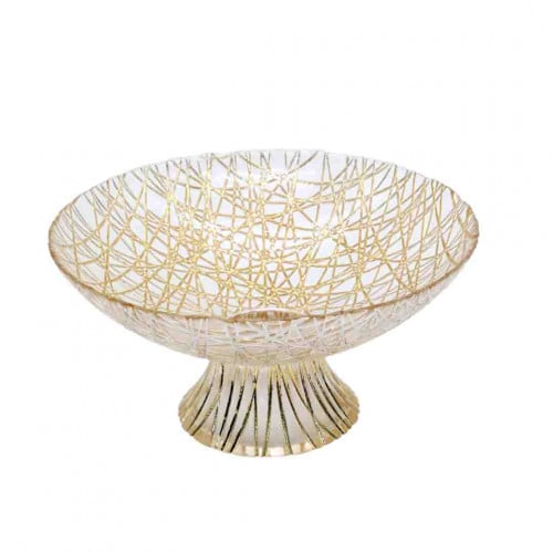 صينية تقديم زجاج دائرية مع قاعدة بخيوط ذهبيي