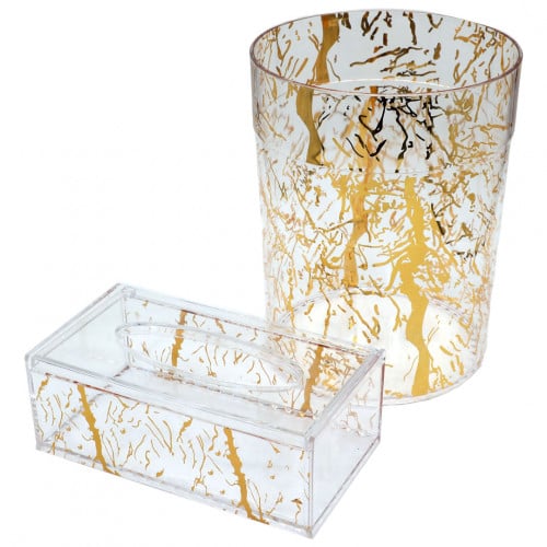 سلة مهملات شفافة مع علبة مناديل شفافة