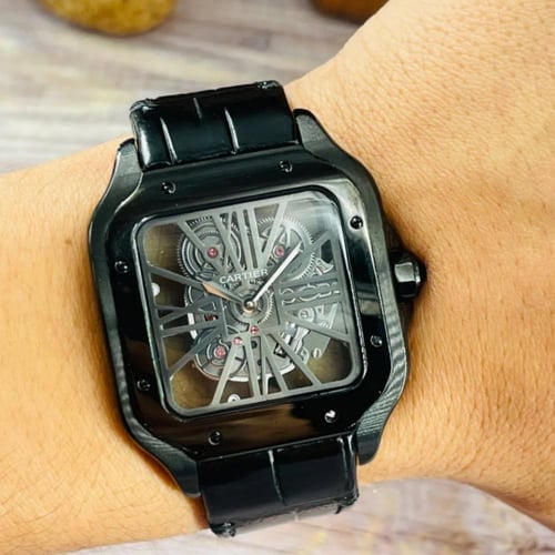 ساعة سكيلتون اسود جلد بطاريه