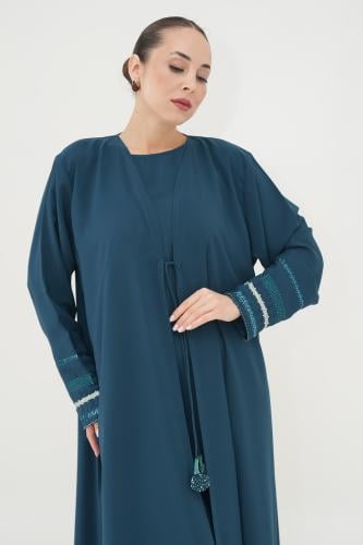 Blue crepe abaya with petrol and an inner dress