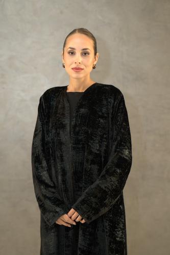 Black velvet abaya with embroidery, the fabric is plain