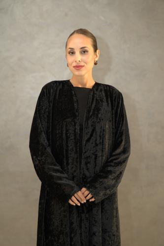 Black velvet abaya with small beads on the front and sleeves