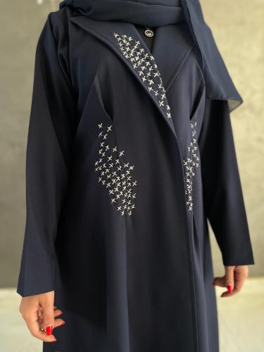 Navy crepe abaya with embroidery and front zipper