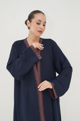Dark blue crepe abaya with garnet accents, washed silk