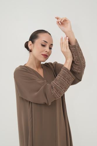 Dark beige crepe abaya with embroidery on the sleeves