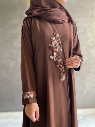 Brown crepe abaya with embroidery on the front and sleeves