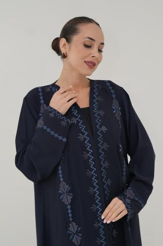 Navy crepe abaya with embroidery on the front and sleeves