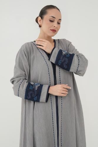 Linen abaya, crinkled, beige, with a design on the sleeves