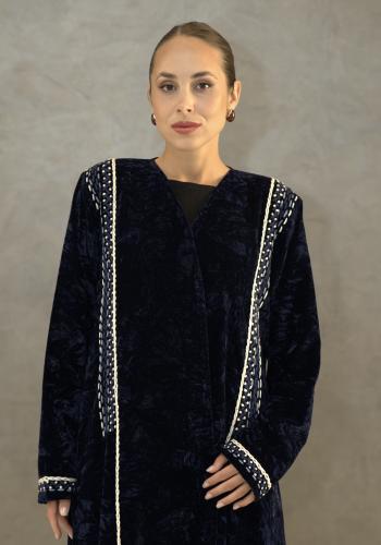 Navy velvet abaya with embroidery on the front and sleeves