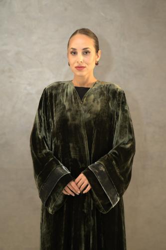 French velvet abaya olive with olive embroidery, with sleeves and the head covering